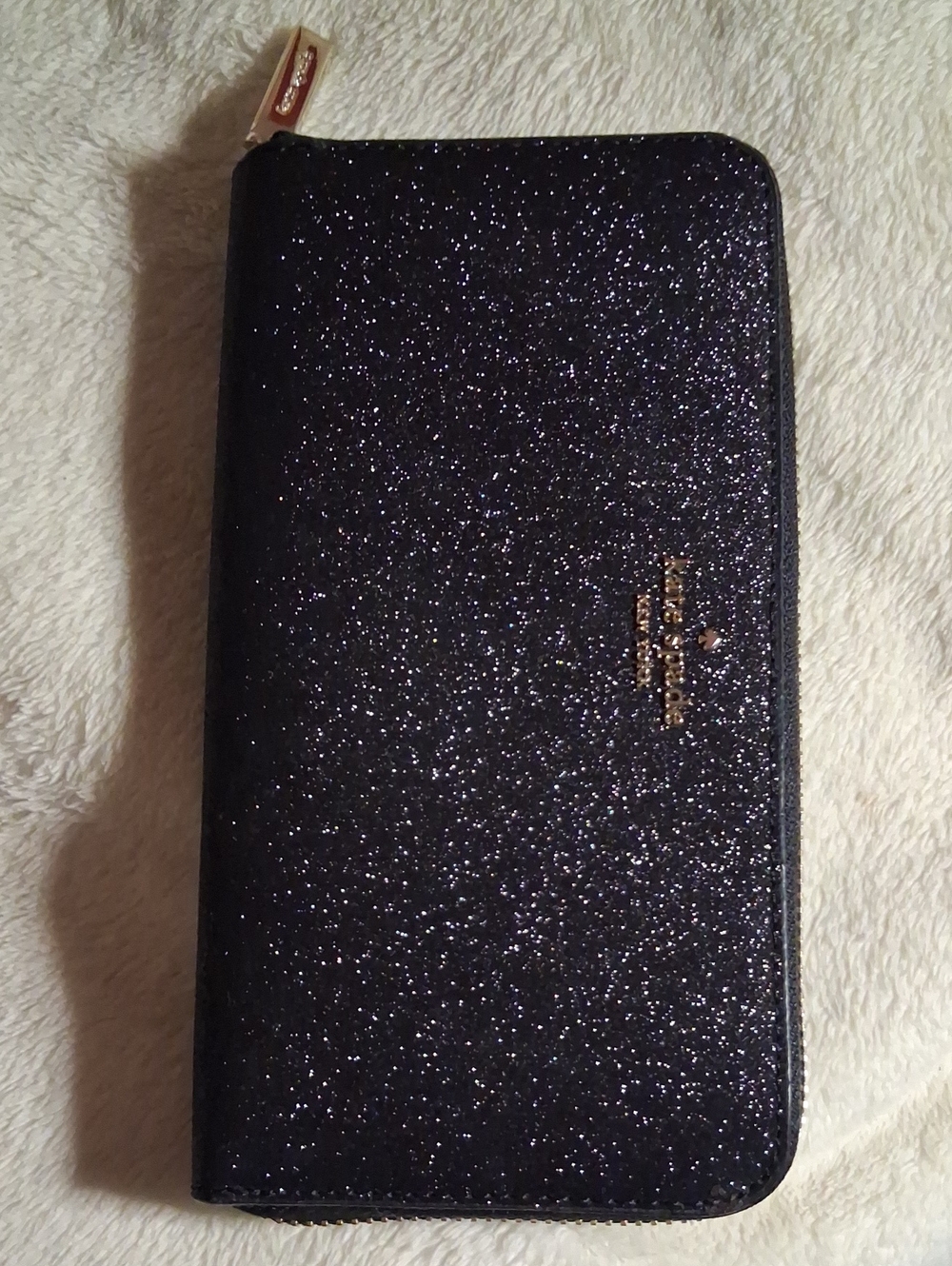 KATE SPADE BLACK glitter zip-around wallet with gold accents NEW NO TAGS!!
